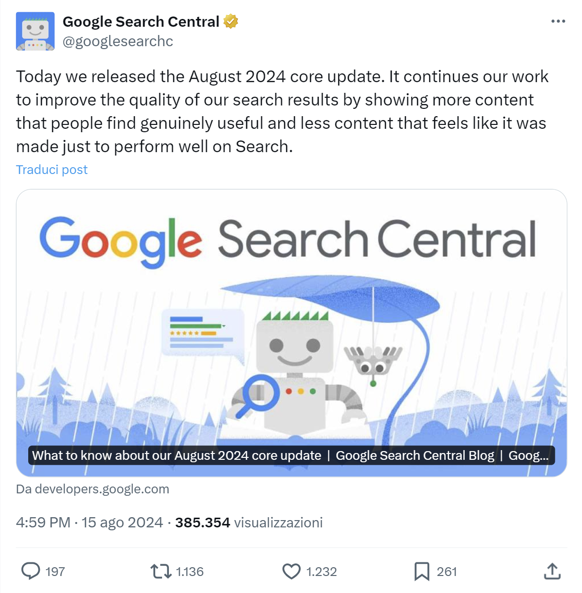 Annuncio del Core Update di agosto 2024