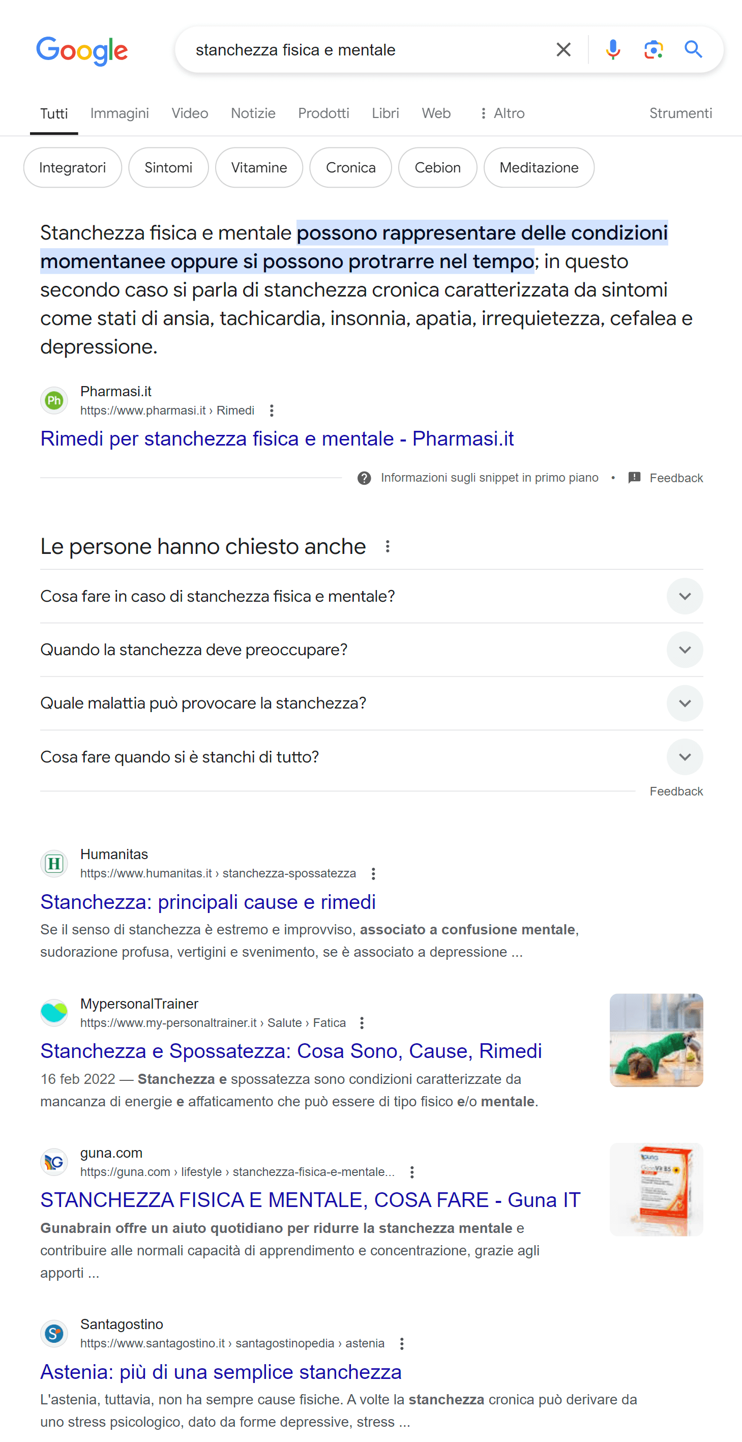SERP di "stanchezza fisica e mentale"