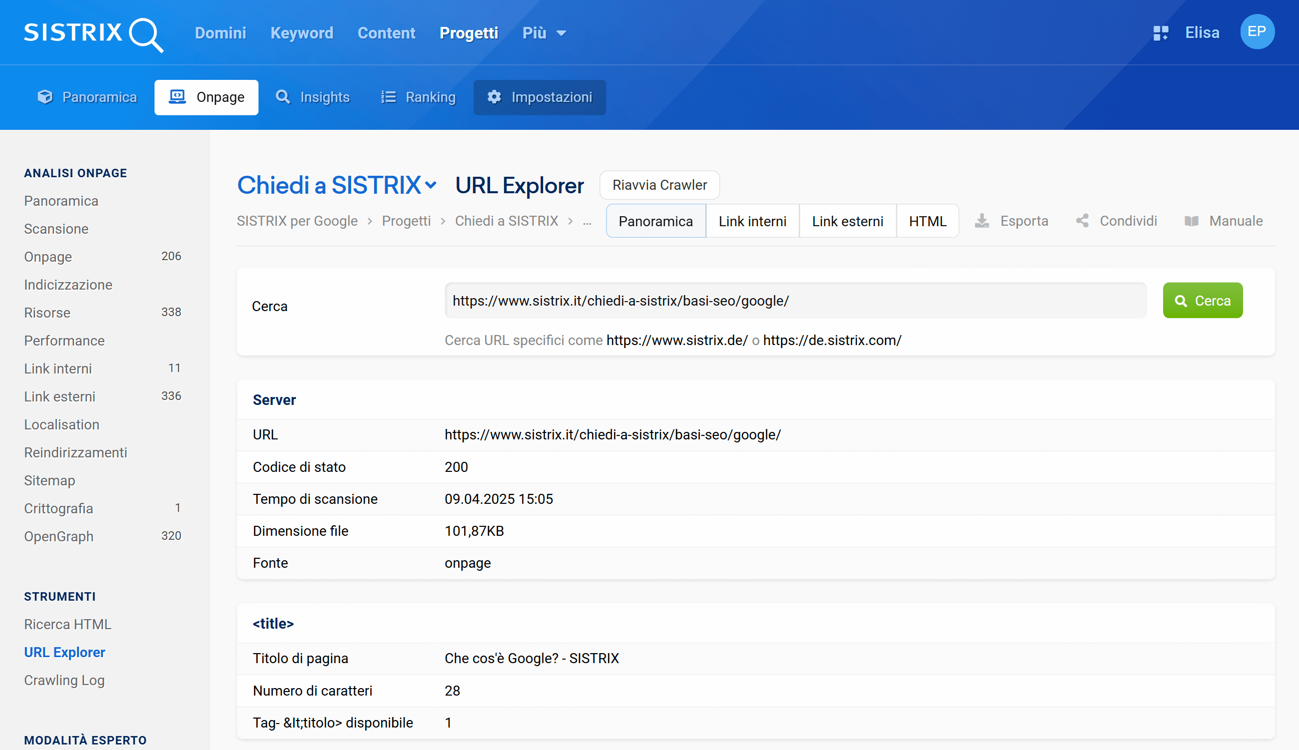 Riavviare il crawler nei progetti Onpage di SISTRIX