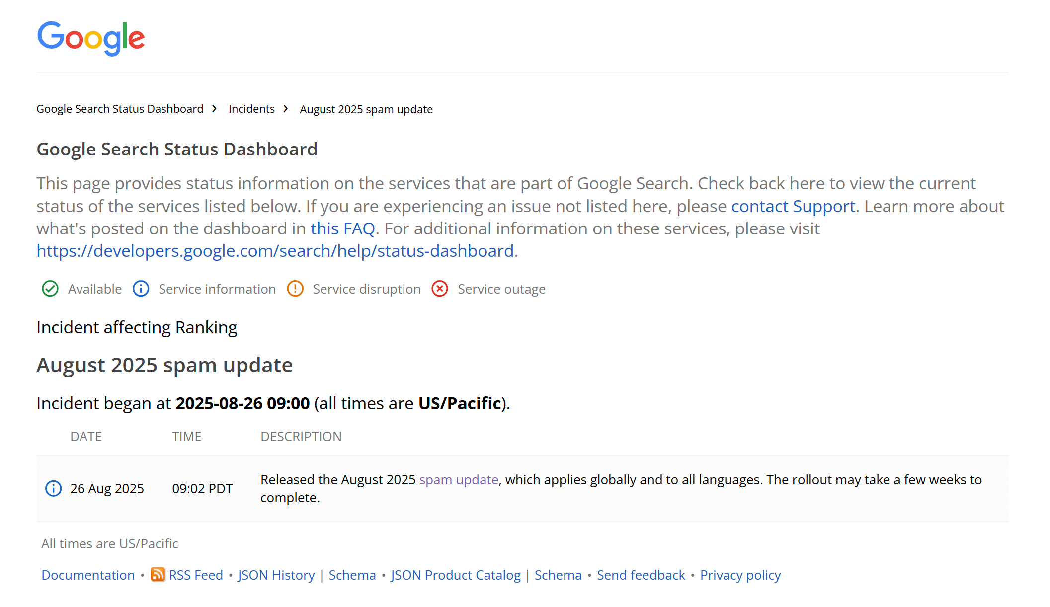 Google Search Status Dashboard