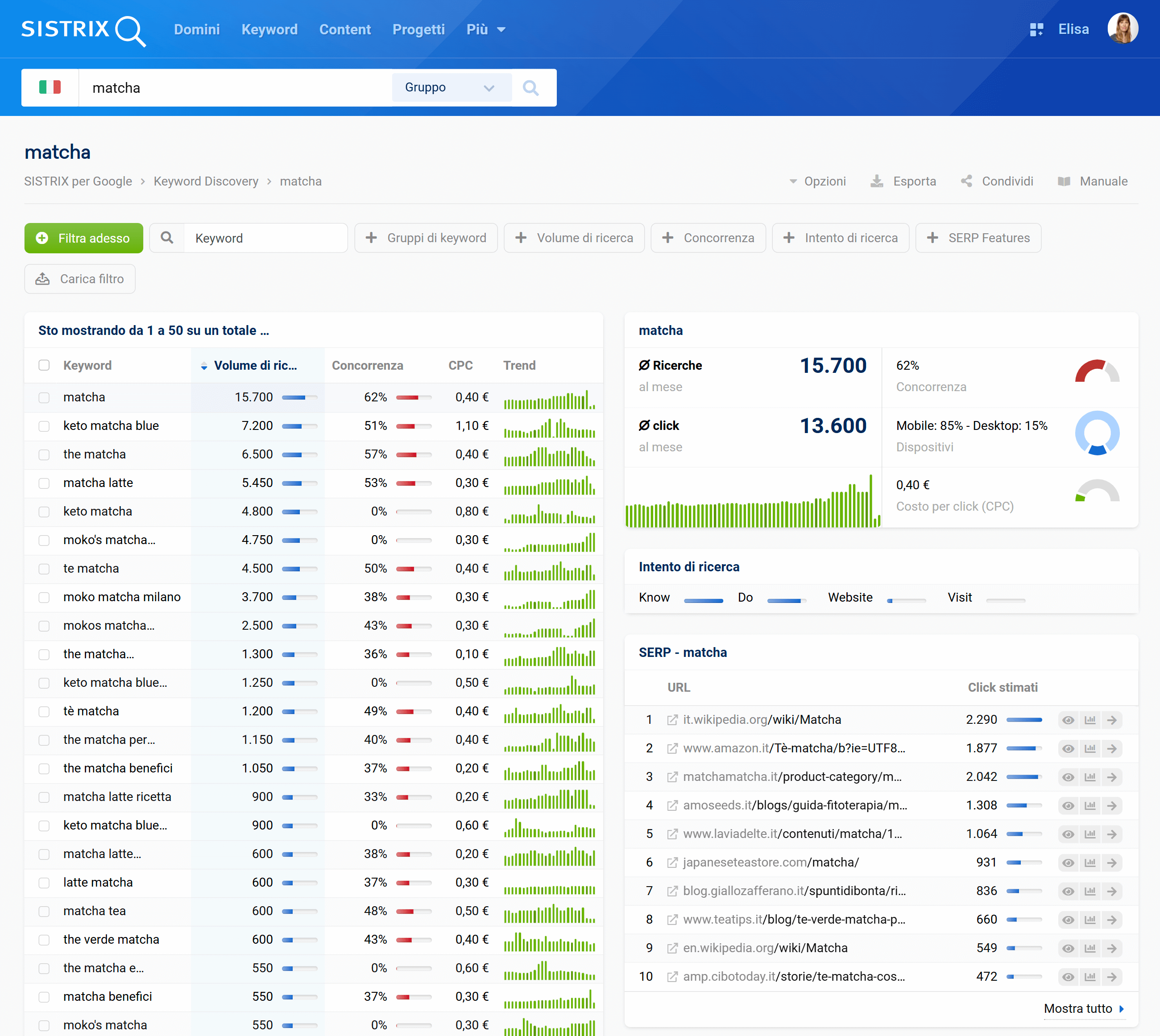 Esempio di Keyword Discovery di SISTRIX