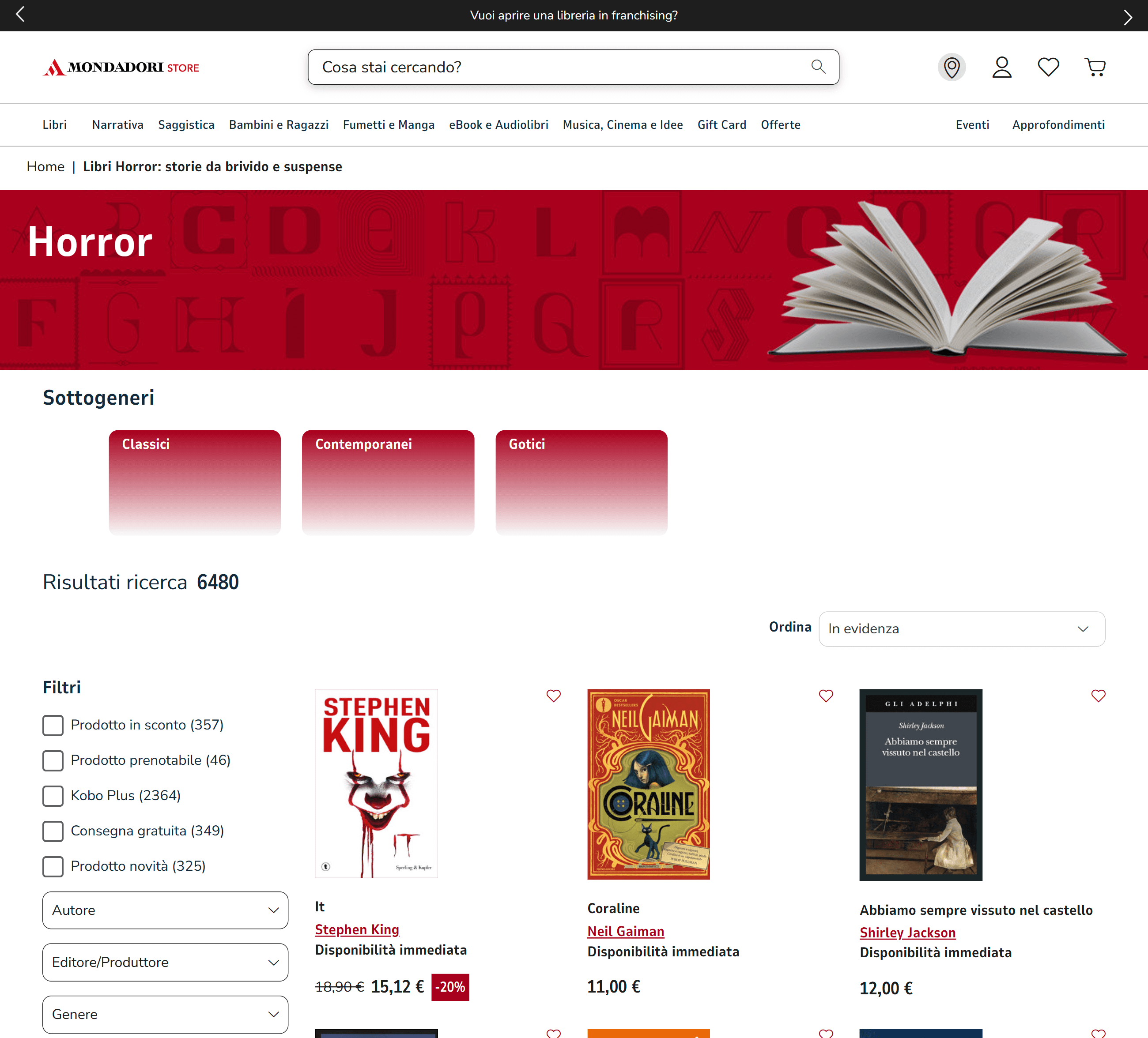 Pagina di mondadori.it dedicata ai libri horror