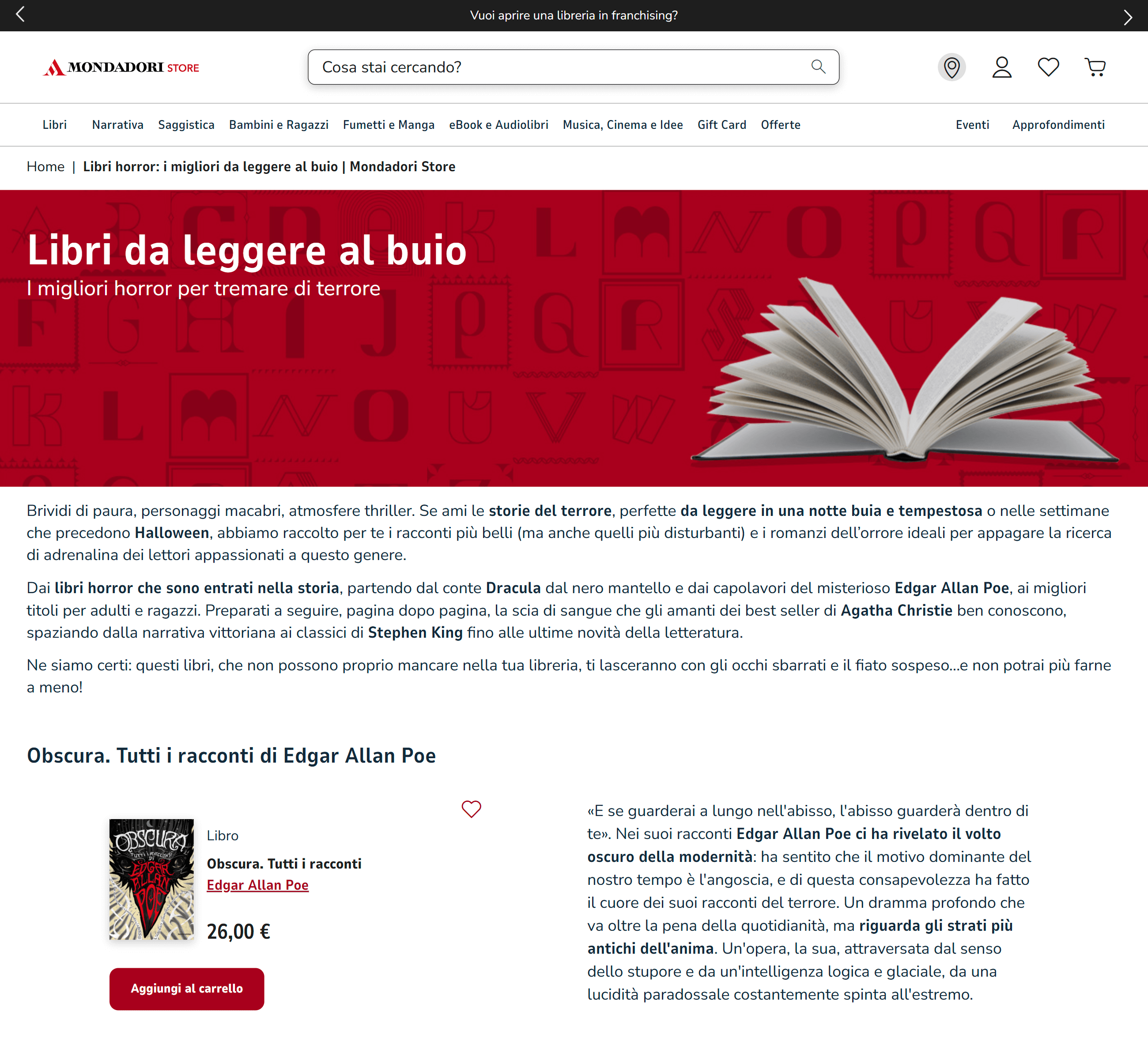 Pagina di mondadori.it dedicata ai libri horror da leggere al buio