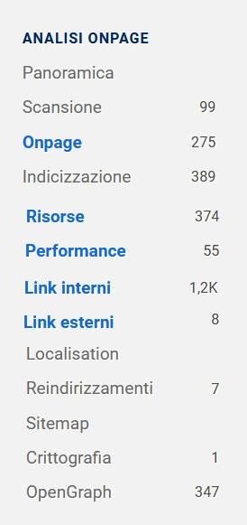Sezione "Progetti Onpage" di SISTRIX: tipi di errori, avvertimenti e avvisi