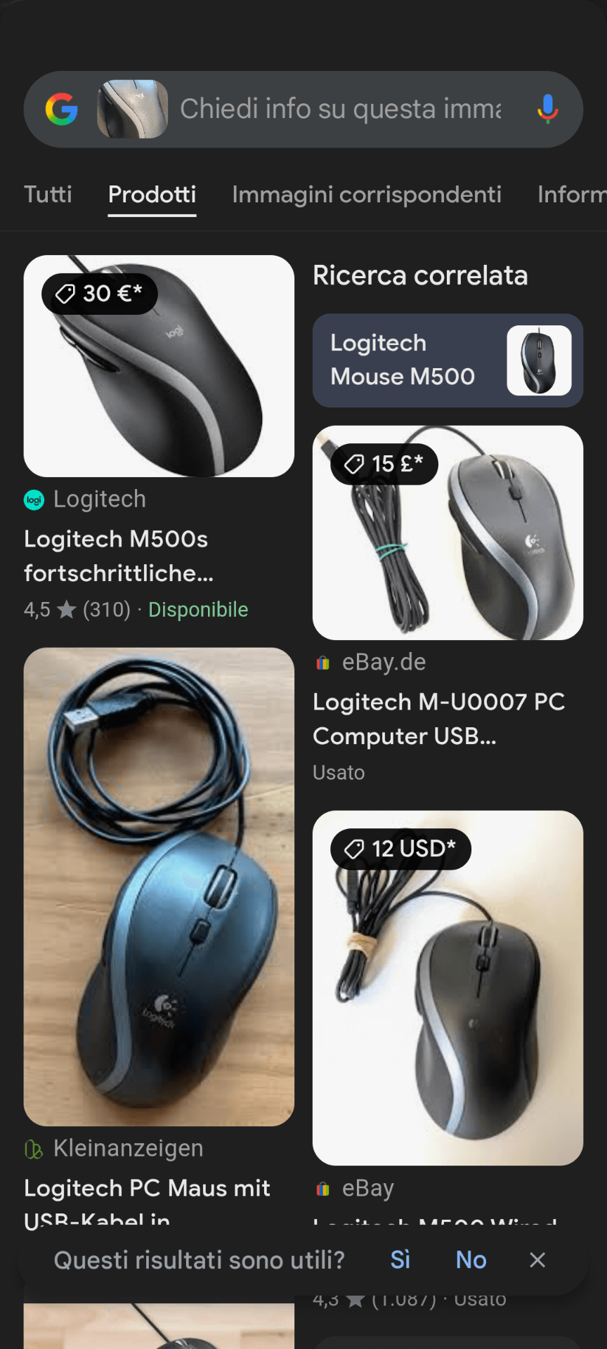 Esempio di Google Lens usato per riconoscere prodotti simili