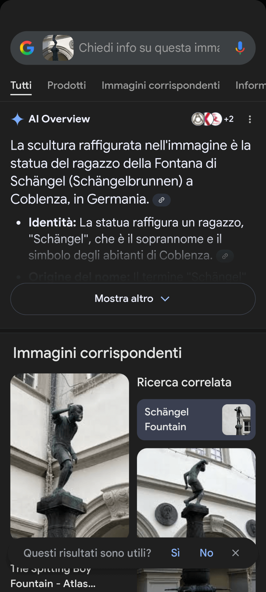 Esempio di Google Lens usato per riconoscere un monumento