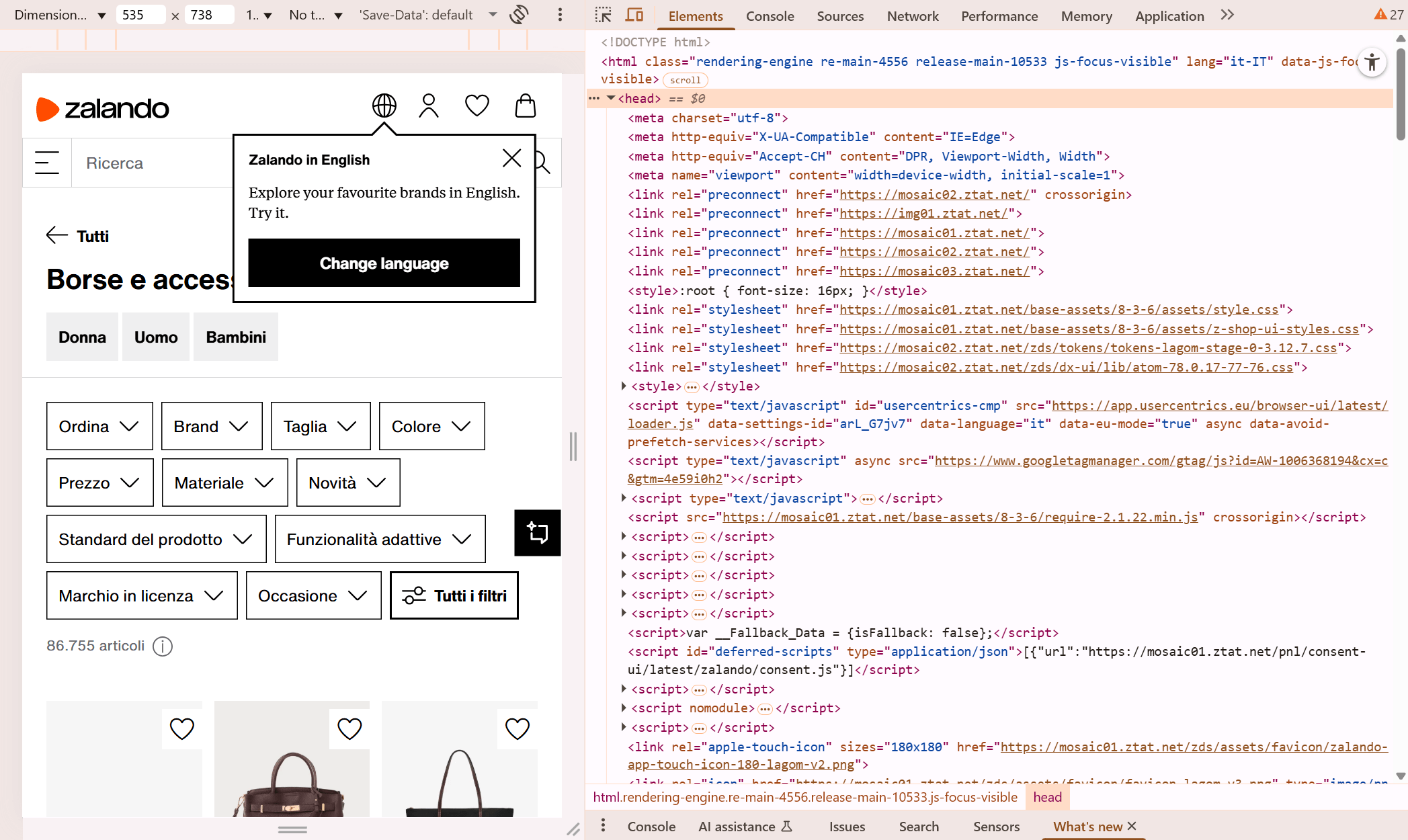 Esempio di sezione head di un sito