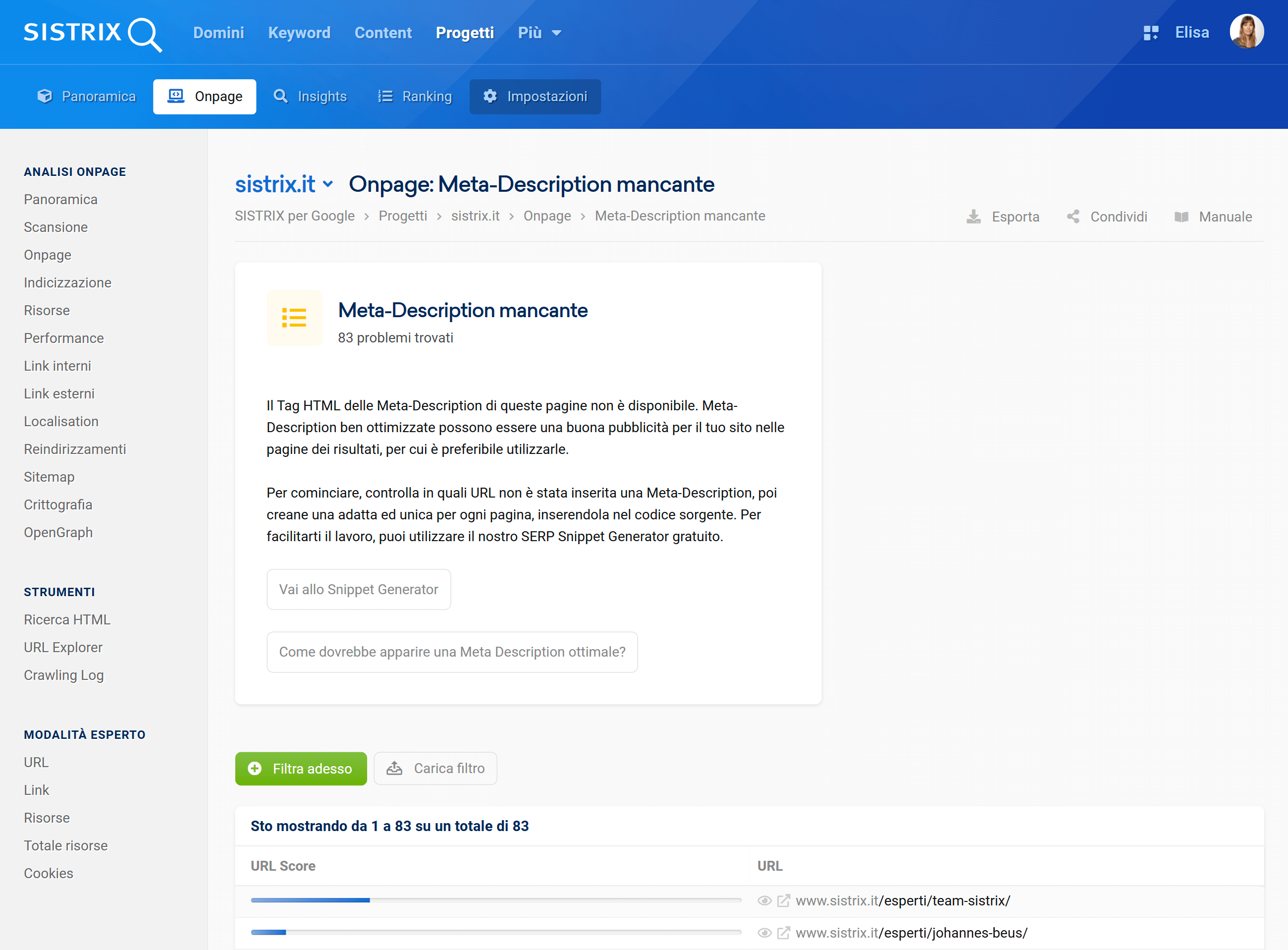 Esempio di avviso dedicato alla meta description su SISTRIX