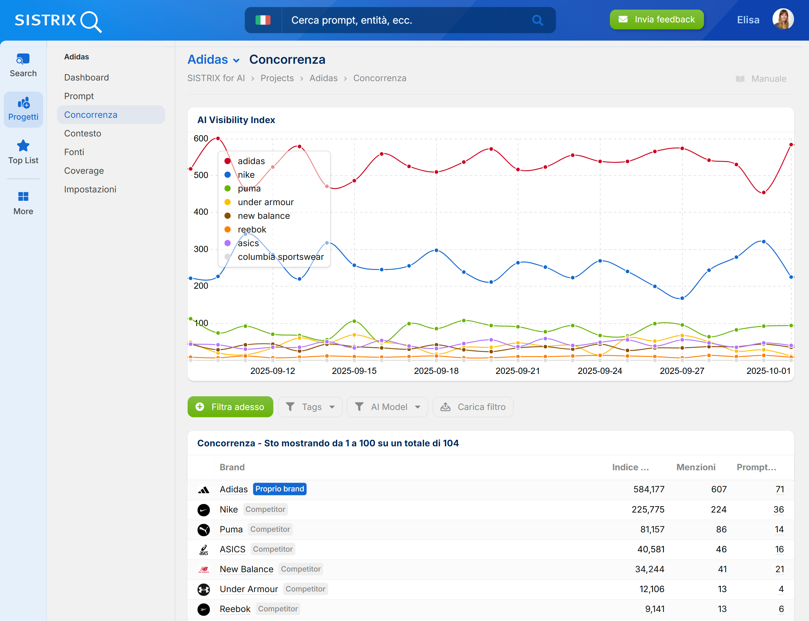 Visualizzazione dettagliata dei competitor in un progetto AI di SISTRIX