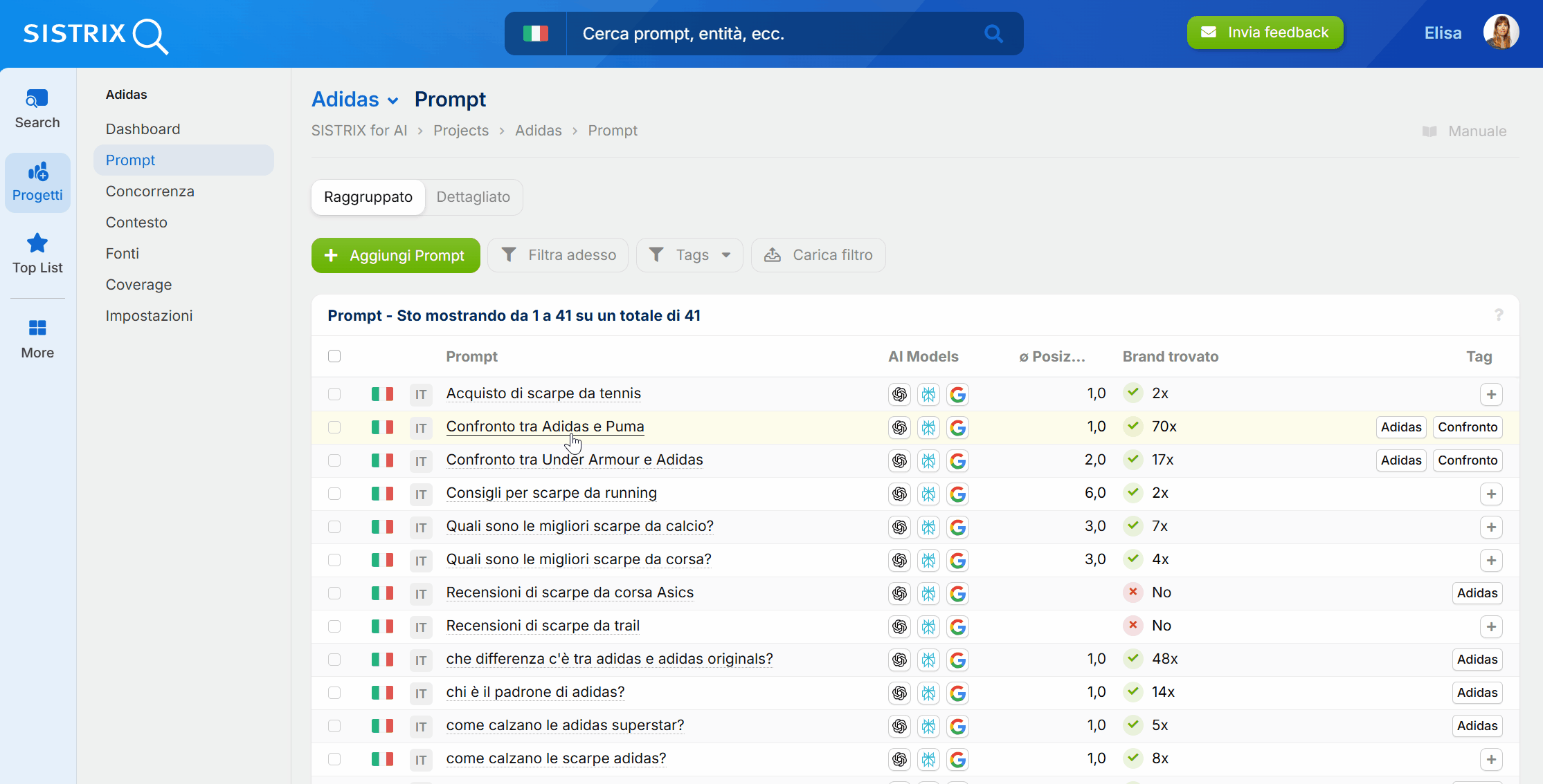 Visualizzazione dettagliata dei prompt in un progetto AI di SISTRIX