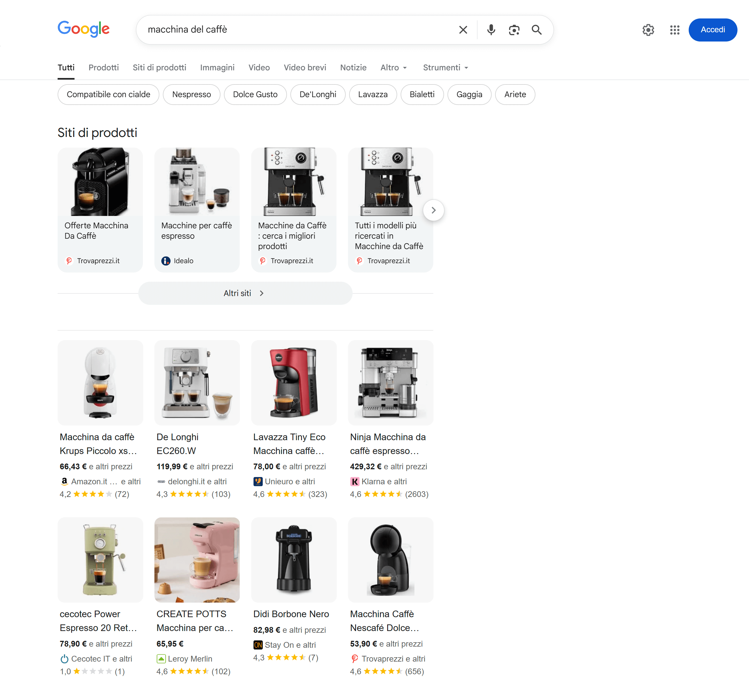 Esempio di SERP per la keyword "macchina del caffé"