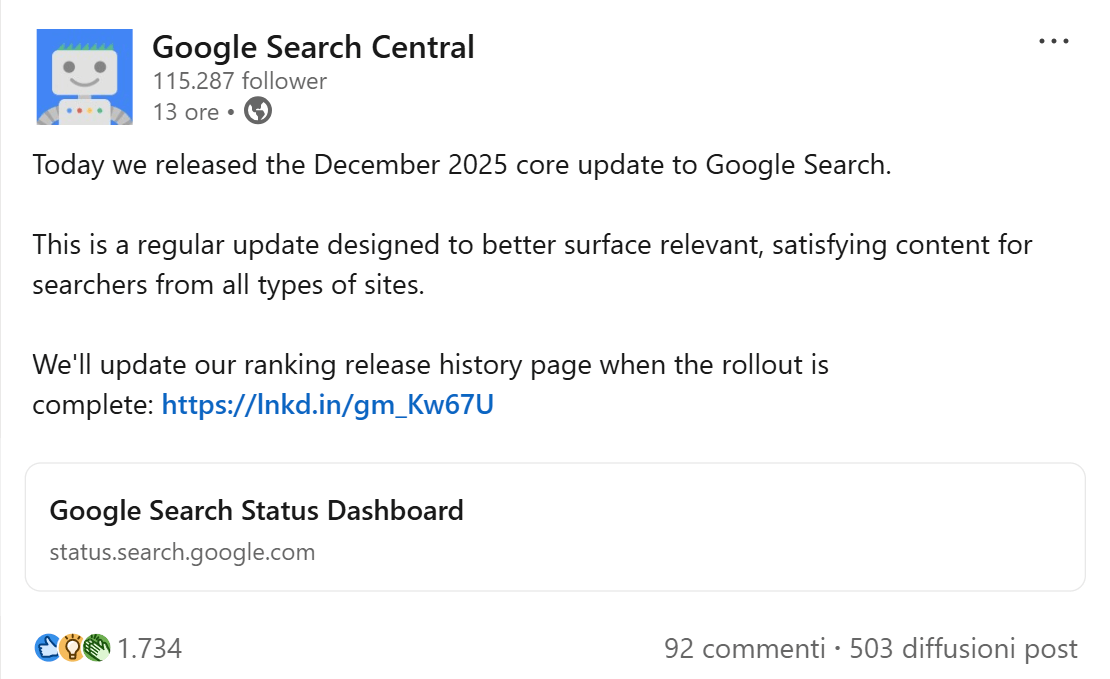 Annuncio del Core Update di dicembre 2025
