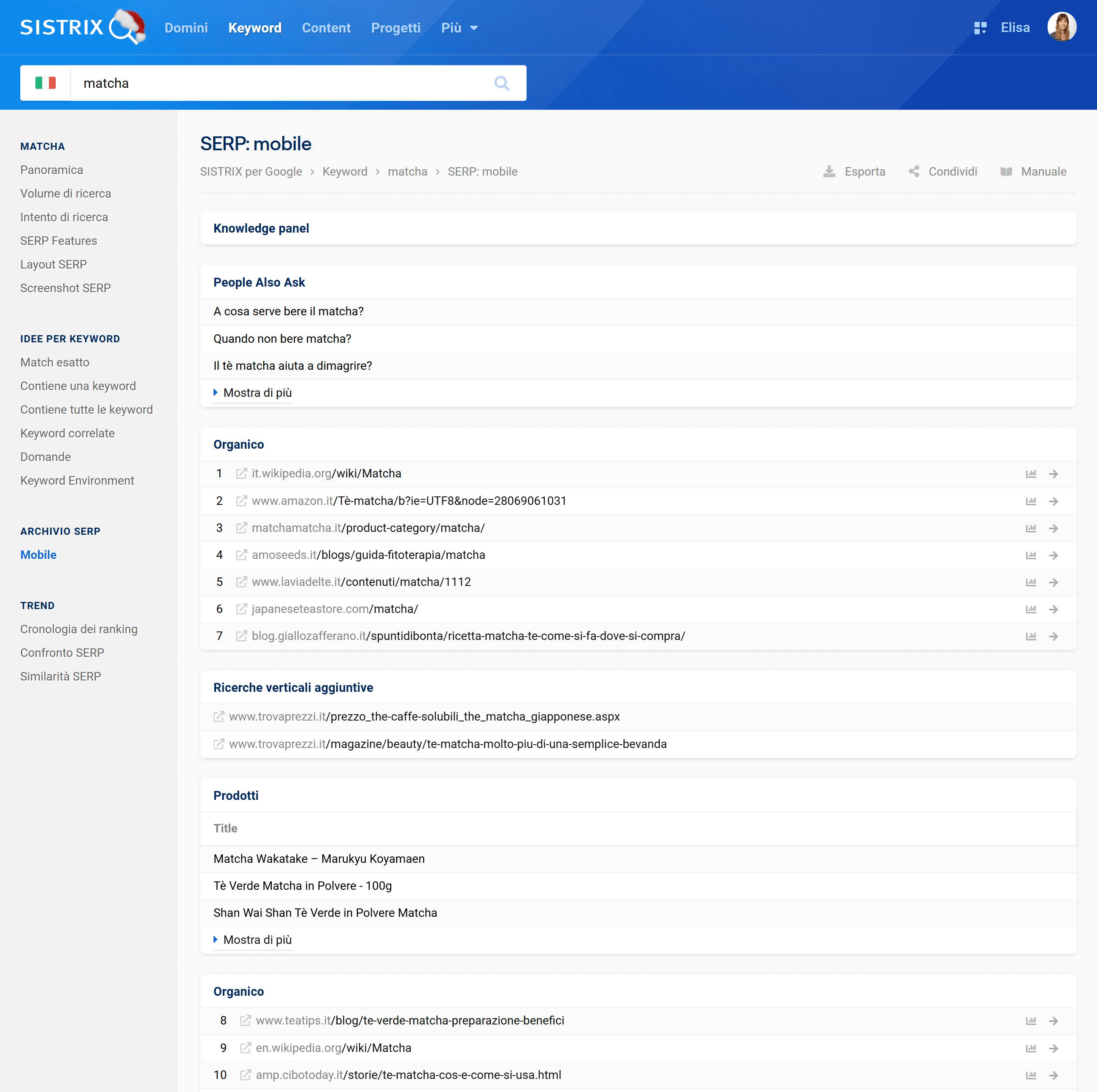Esempio di panoramica delle serp mobile su SISTRIX