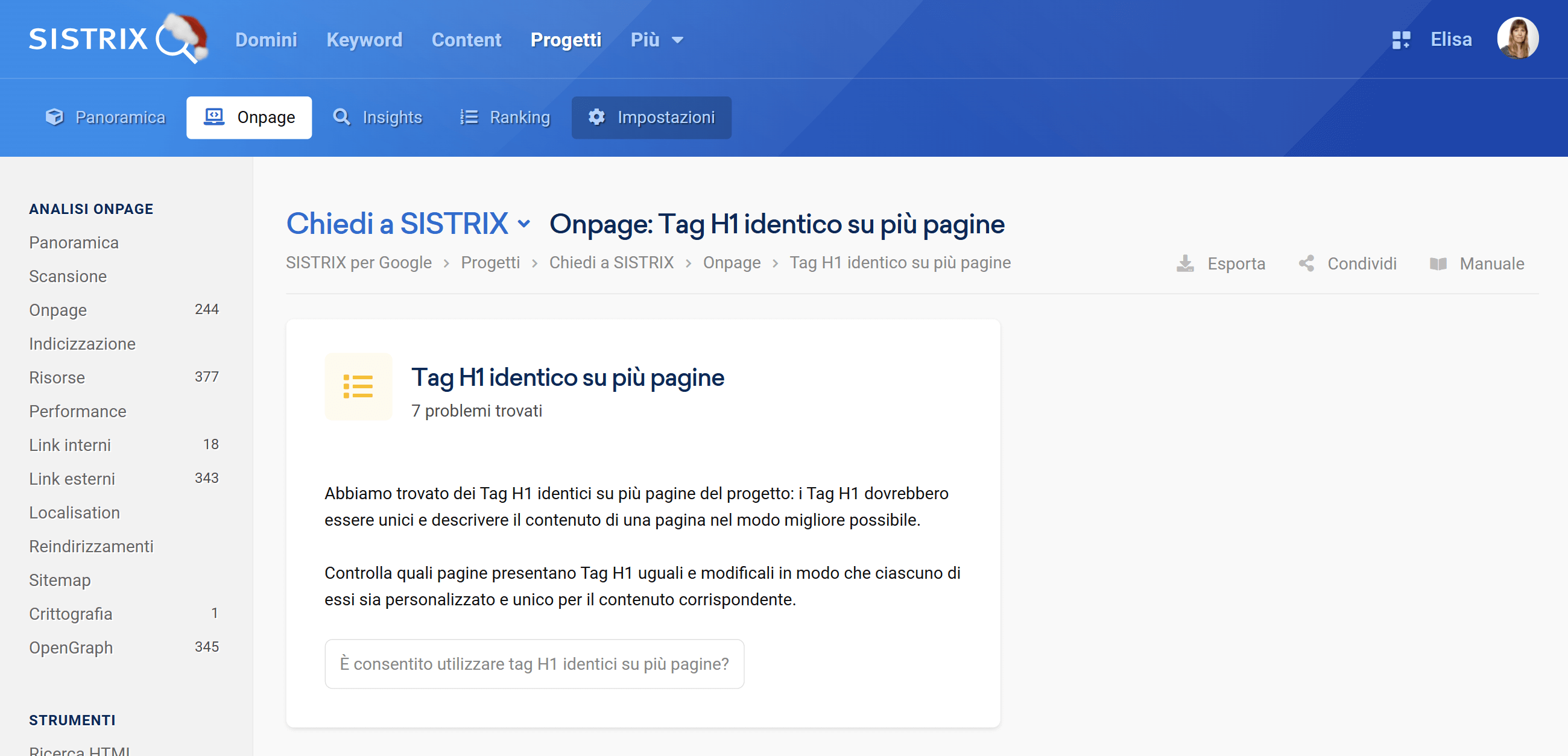 Sezione dedicata agli H1 in un progetto SISTRIX