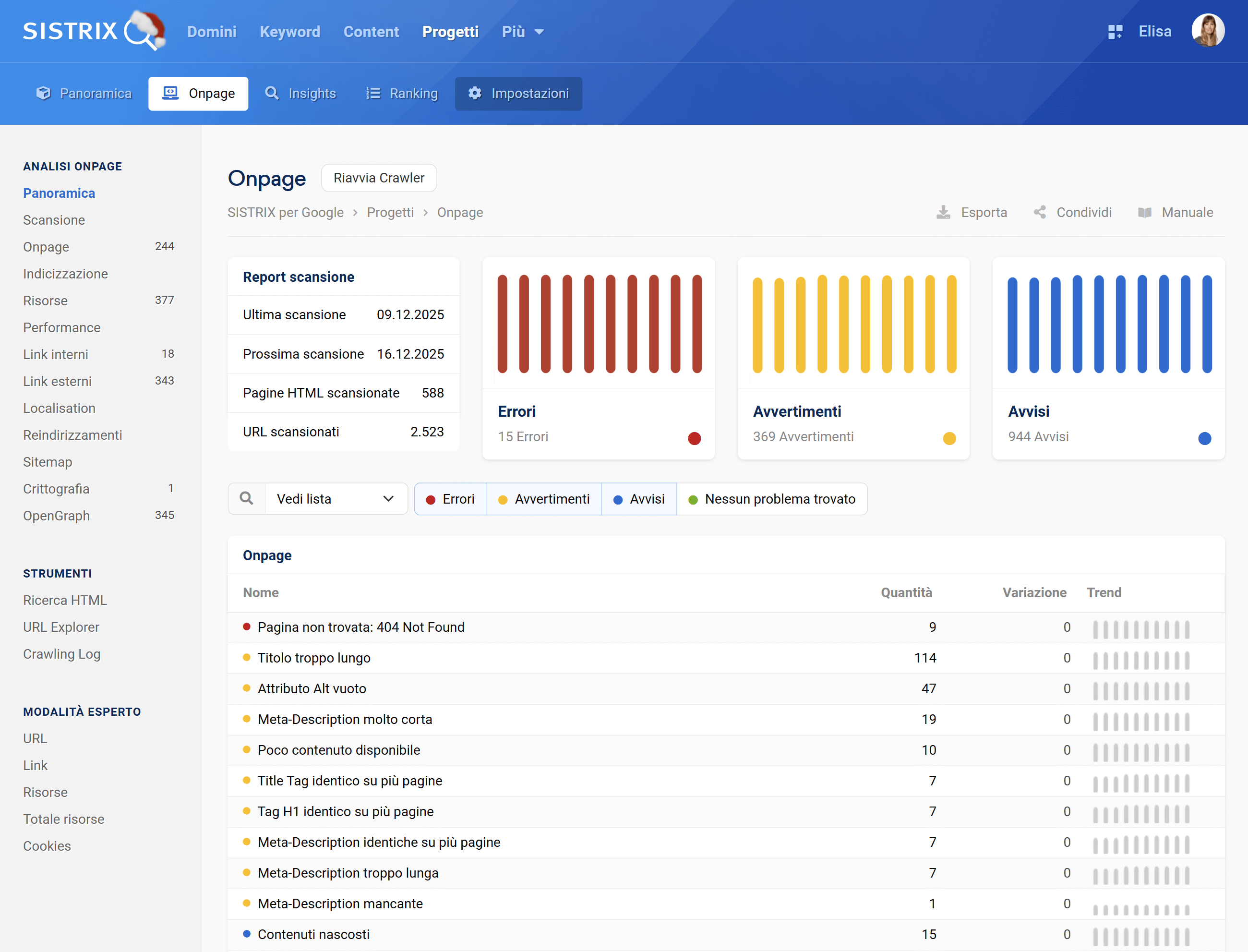 Esempio di progetto Onpage di SISTRIX