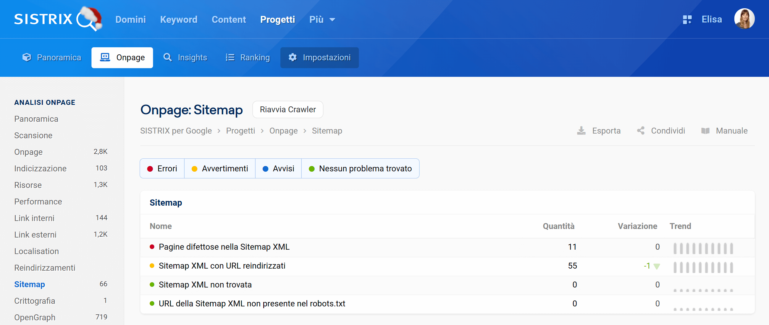 Sezione Sitemap nei progetti Onpage di SISTRIX