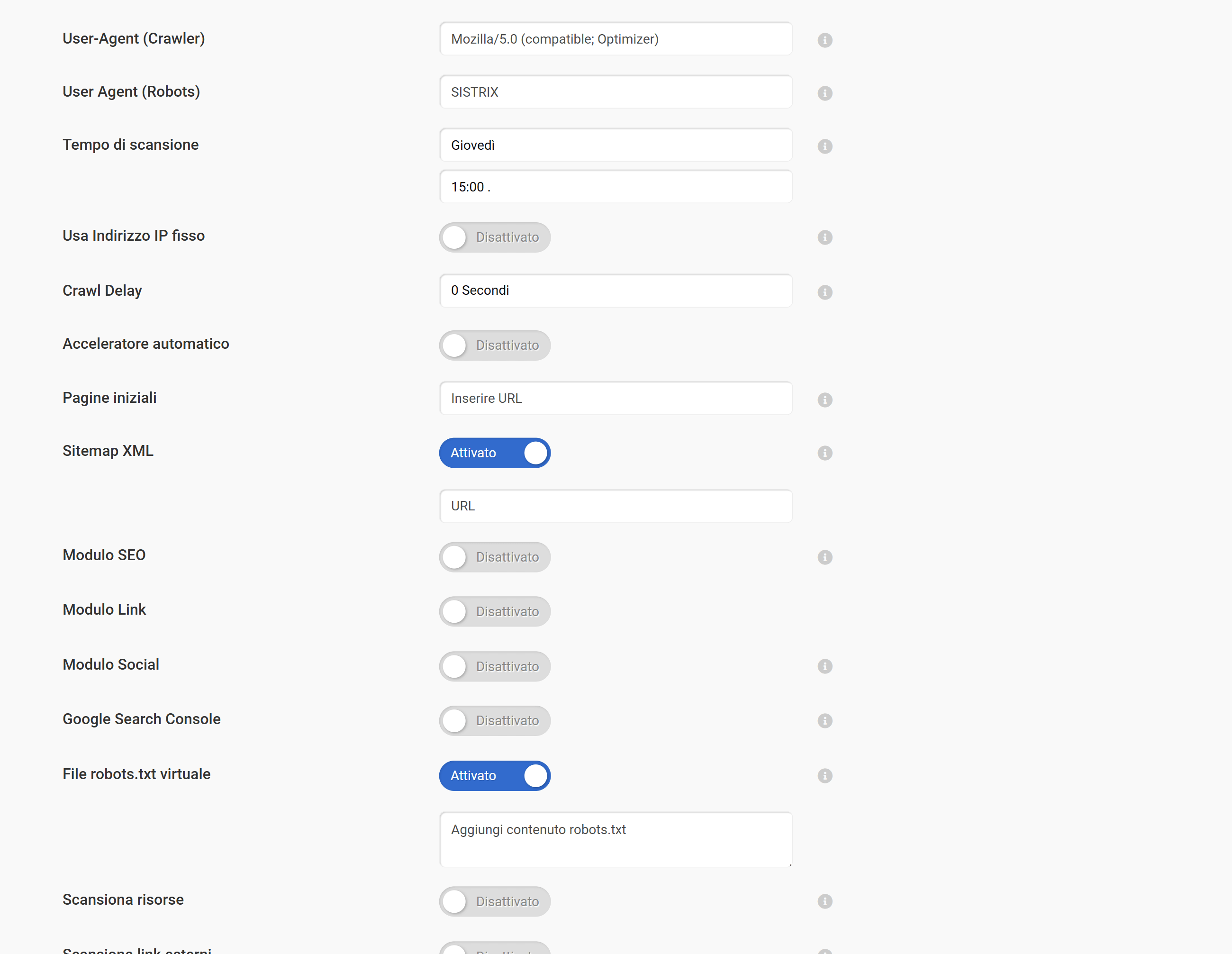 Impostazioni di un progetto onpage di SISTRIX