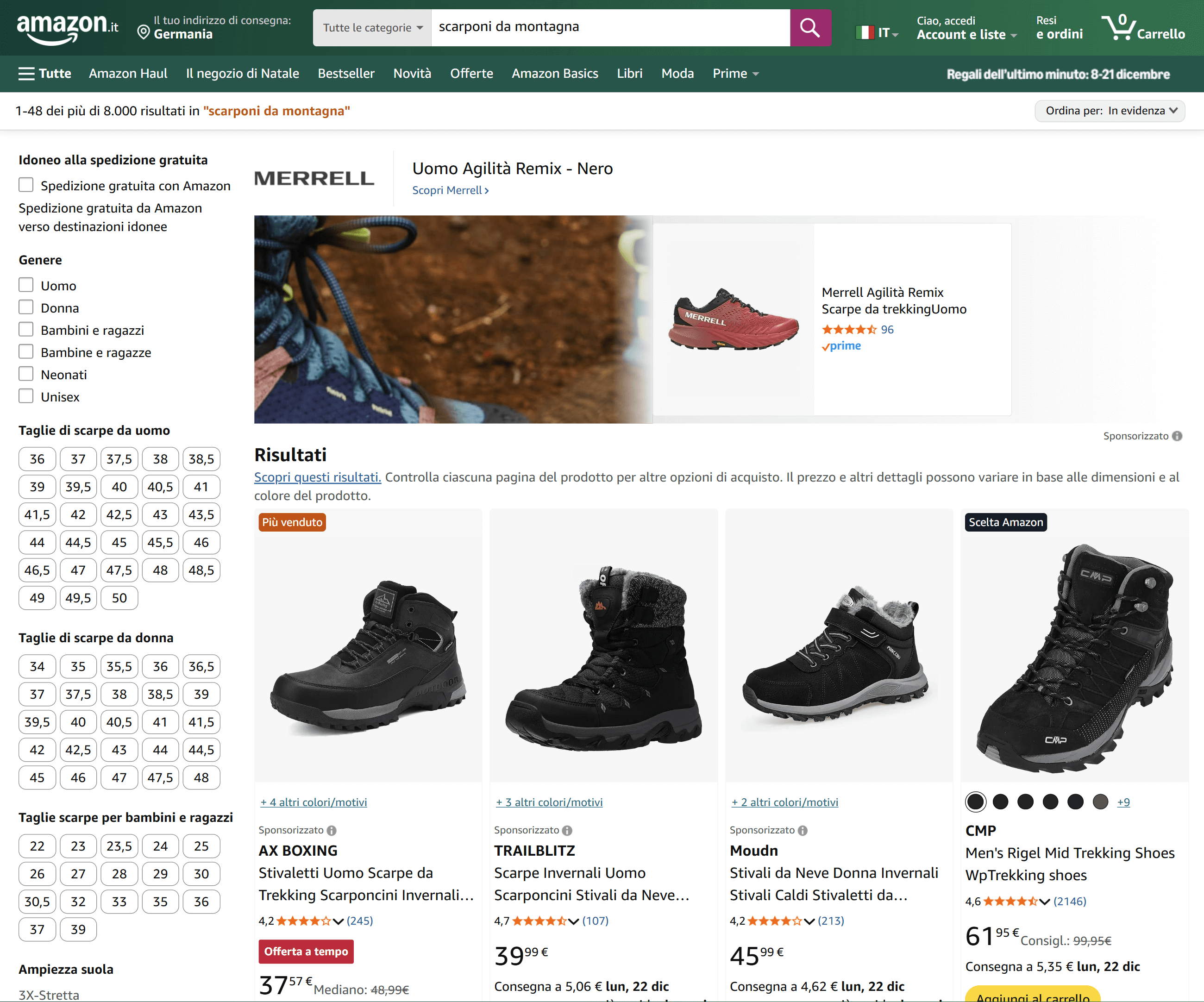 Pagina di Amazon per scarponi da montagna