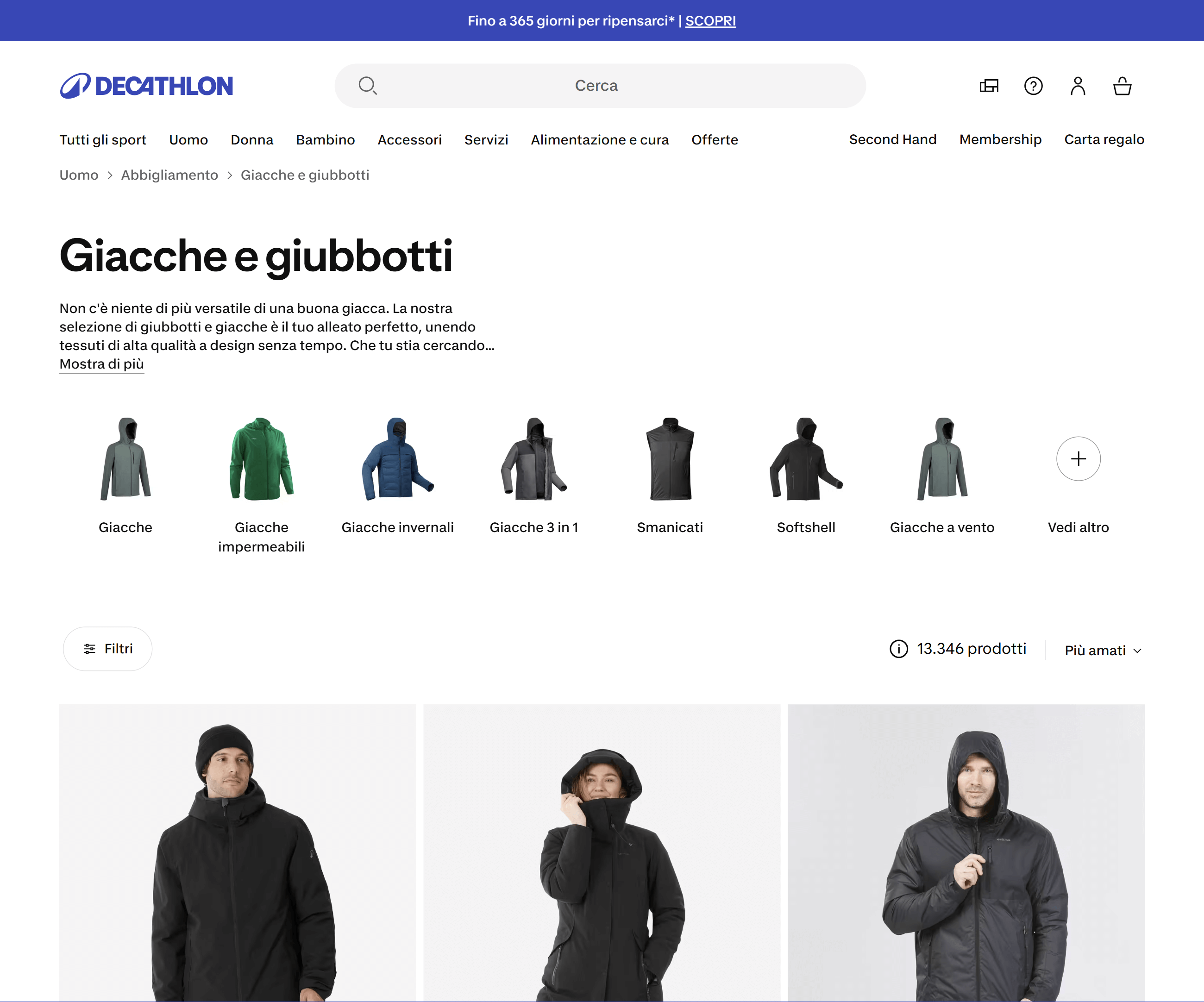 Pagina di decathlon.it dedicata a giacche e giubbotti