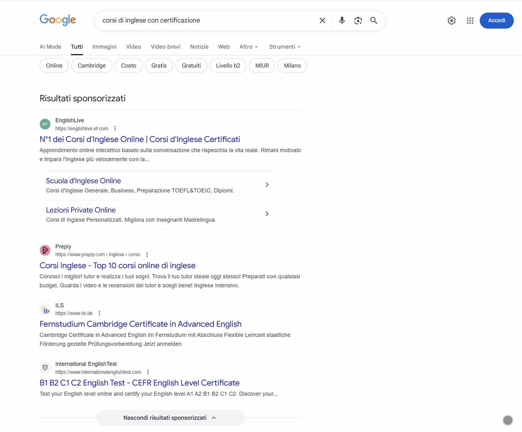 SERP per corsi di inglese