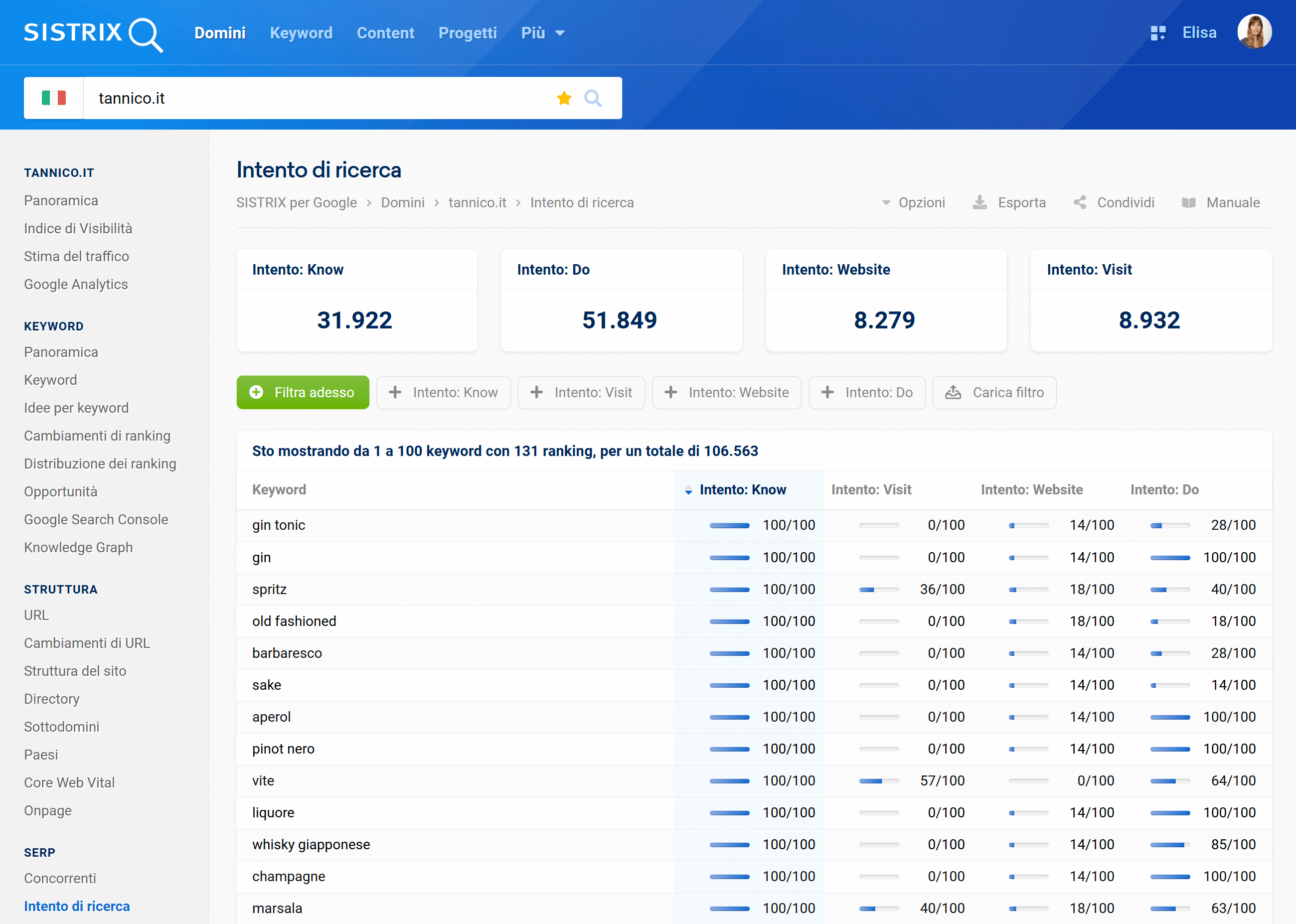 Intento di ricerca su SISTRIX