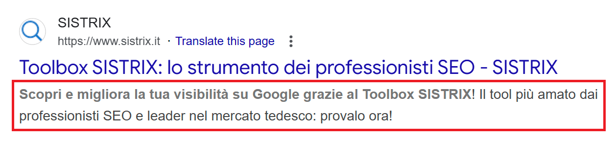 Risultato della ricerca in Google. Qui la meta description viene messa in evidenza.
