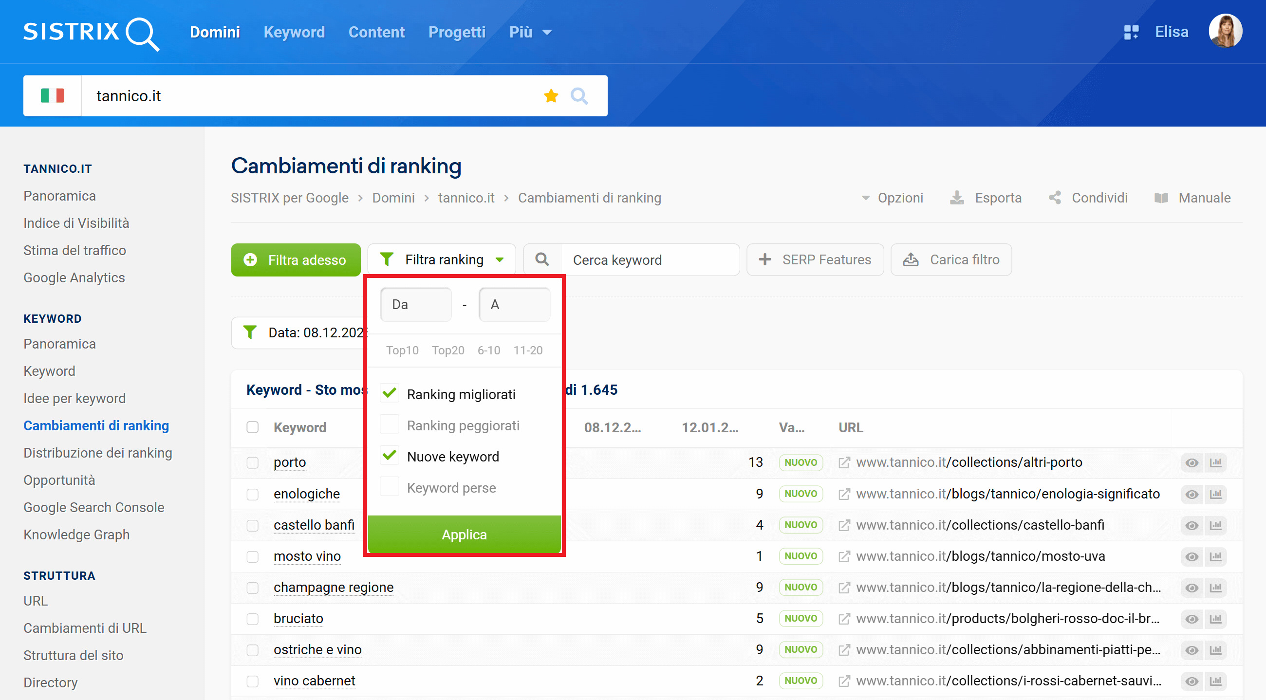 Cambiamenti di ranking su SISTRIX
