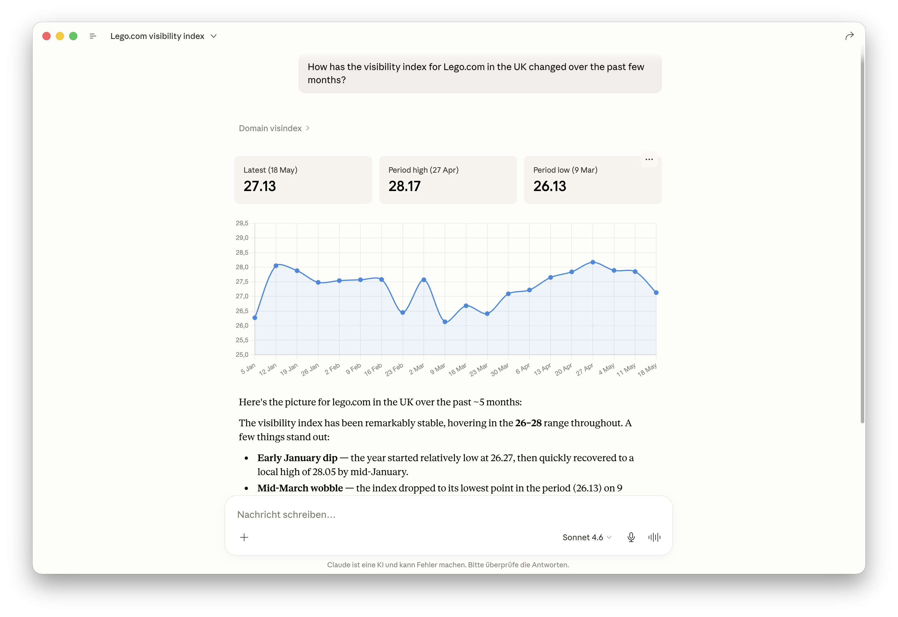 Claude mostra l'indice di visibilità SISTRIX per lego.com: un grafico lineare che va da gennaio 2026 a maggio 2026 con valori compresi tra 28,17 e 26,13, un livello elevato e stabile con variazioni moderate; l'indice di visibilità del dominio è riportato nella parte superiore.