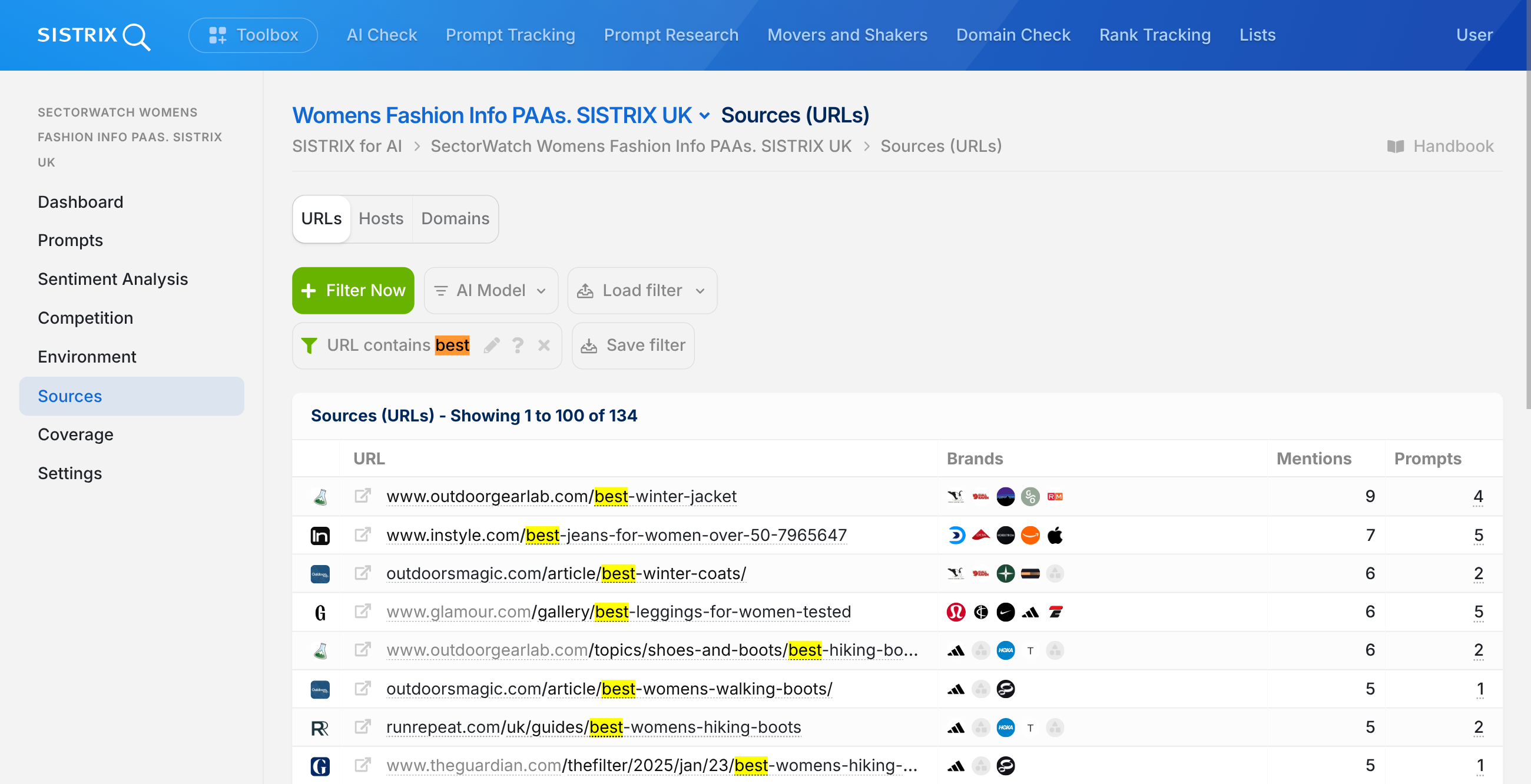 Filtro dei risultati in SISTRIX per i chatbot.