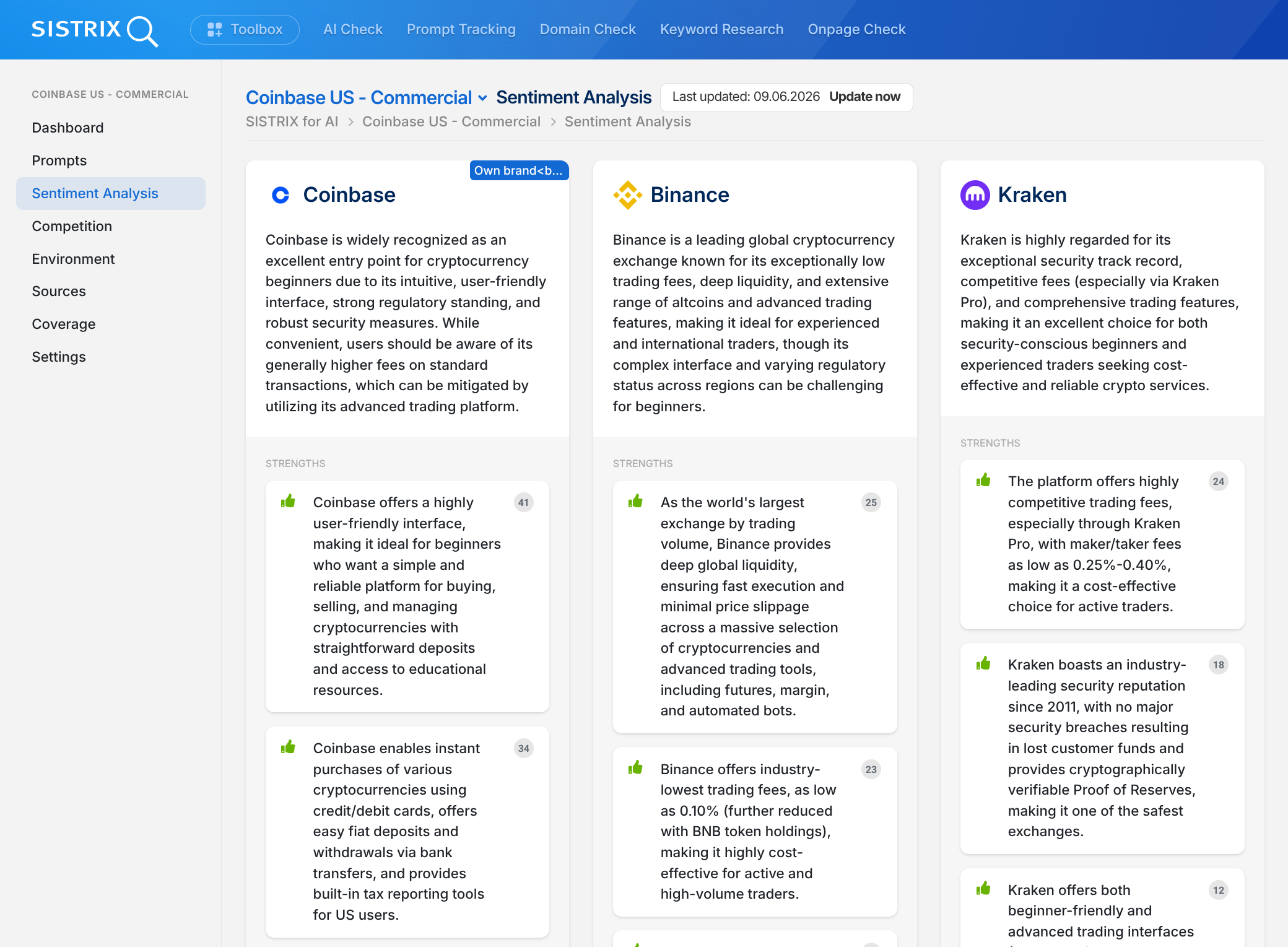 Funzionalità di analisi del sentiment in SISTRIX per i chatbot.