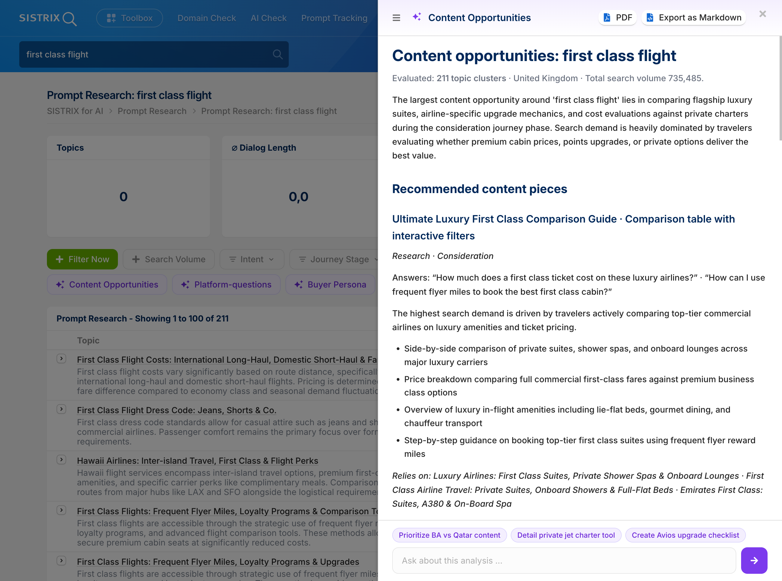 Opportunità di contenuto per il termine di ricerca "first class flight" nello strumento Prompt Research Tool.