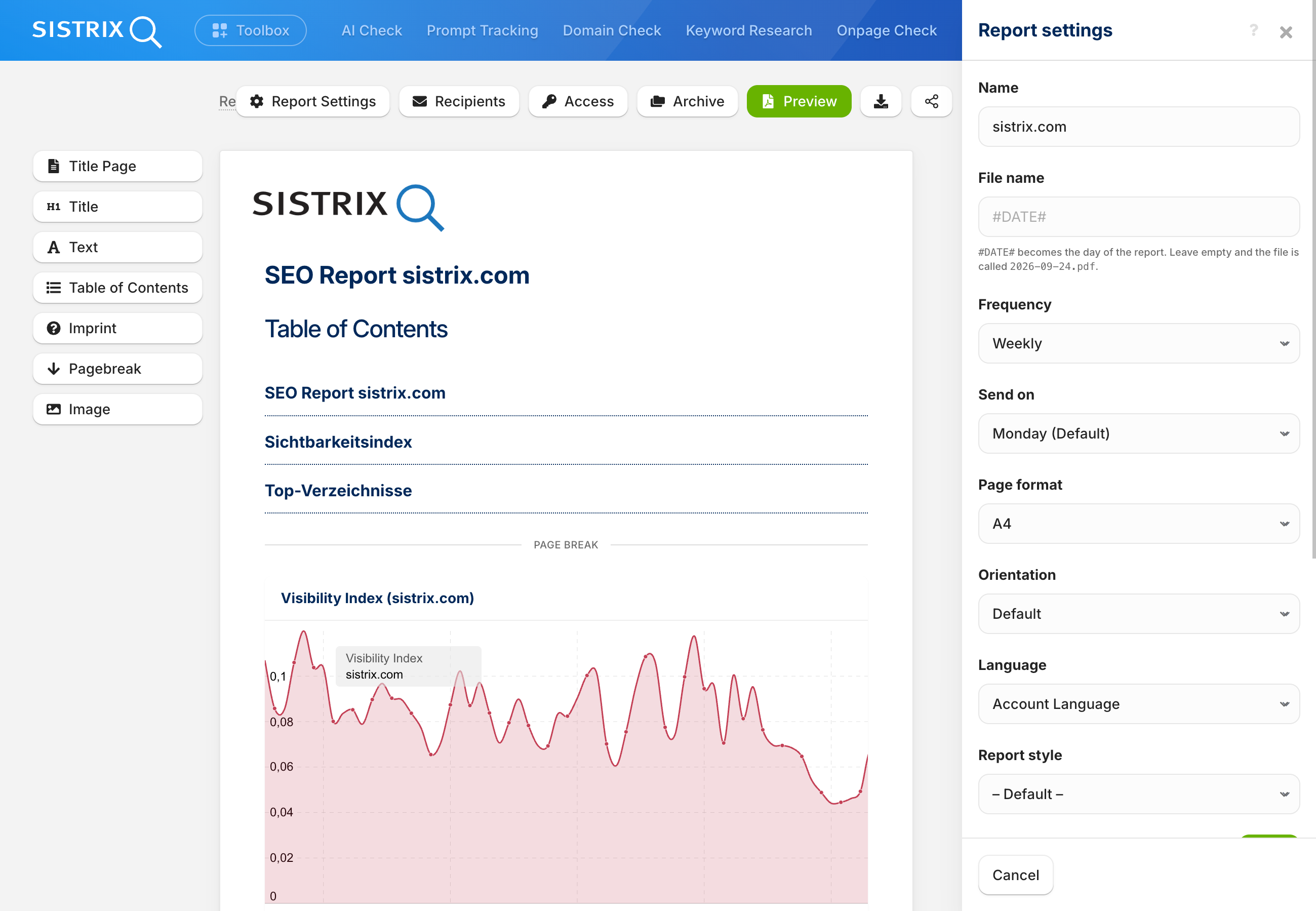 Pannello Impostazioni report nell’editor dei report di SISTRIX