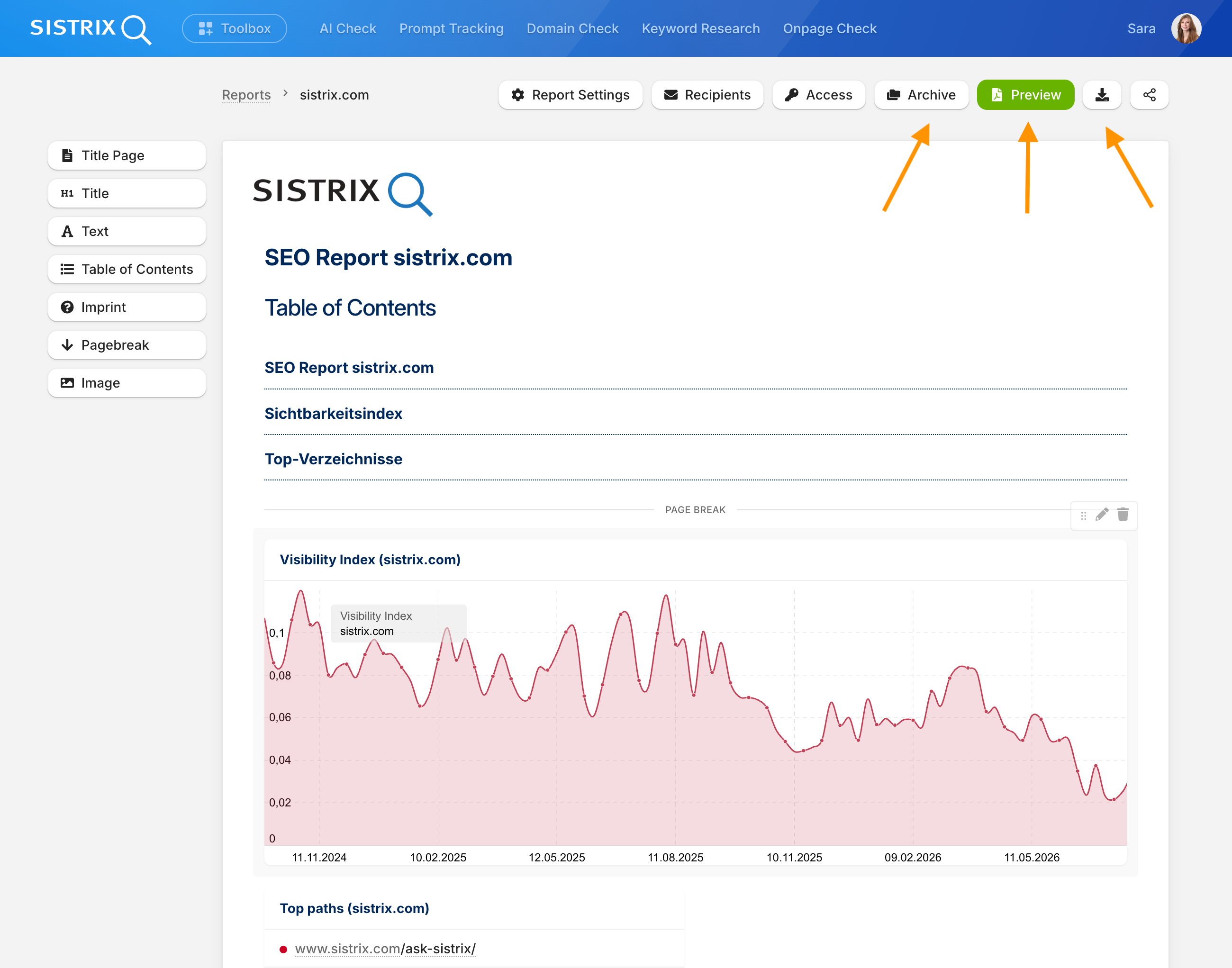 Pulsanti Archivio, Anteprima ed Esporta nell’editor dei report di SISTRIX