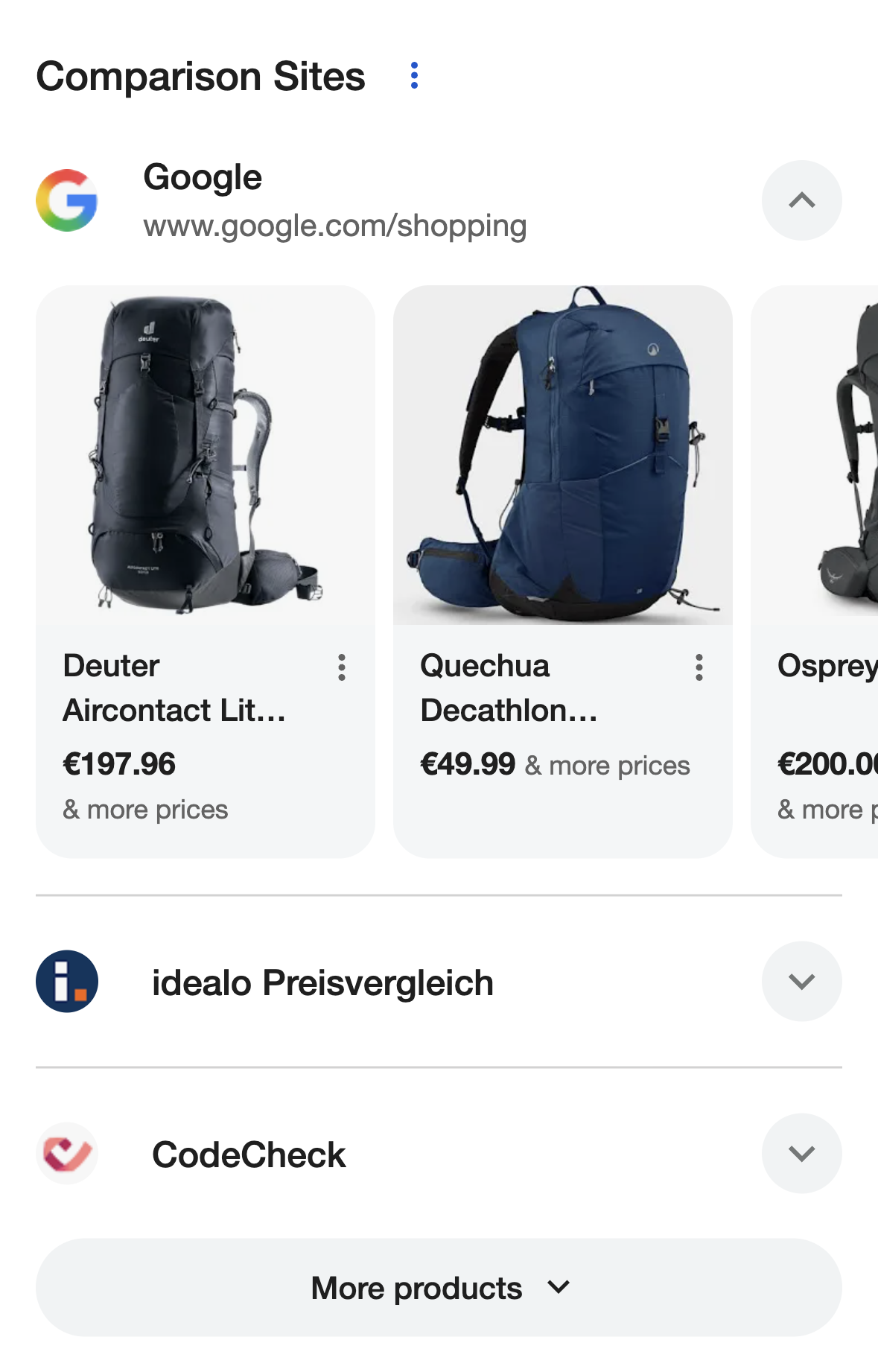 Modulo «Comparison Sites» con Google Shopping espanso con zaini, seguito da idealo e CodeCheck