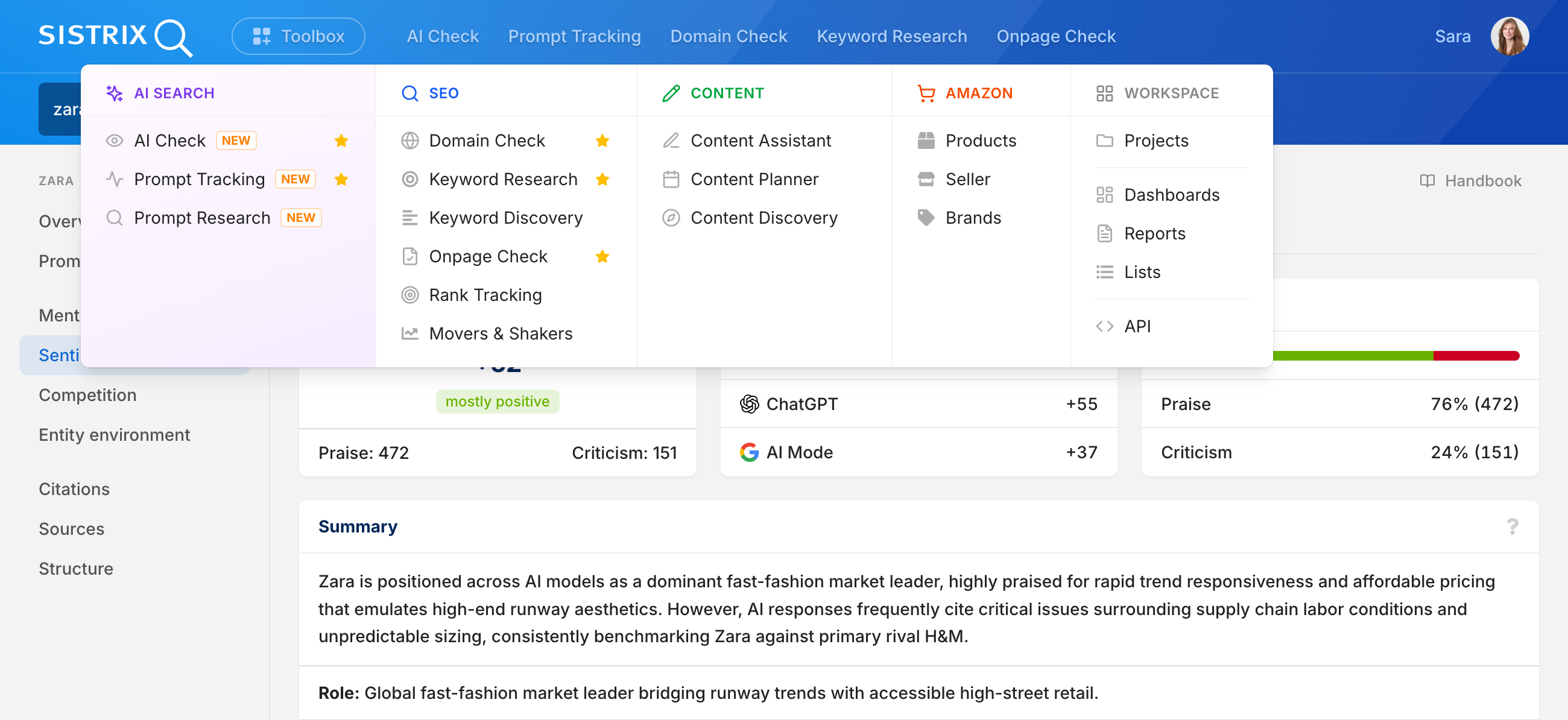 Screenshot della SISTRIX Toolbox che mostra l'analisi del sentiment dell'AI Check per Zara e una panoramica delle funzionalità della Toolbox.